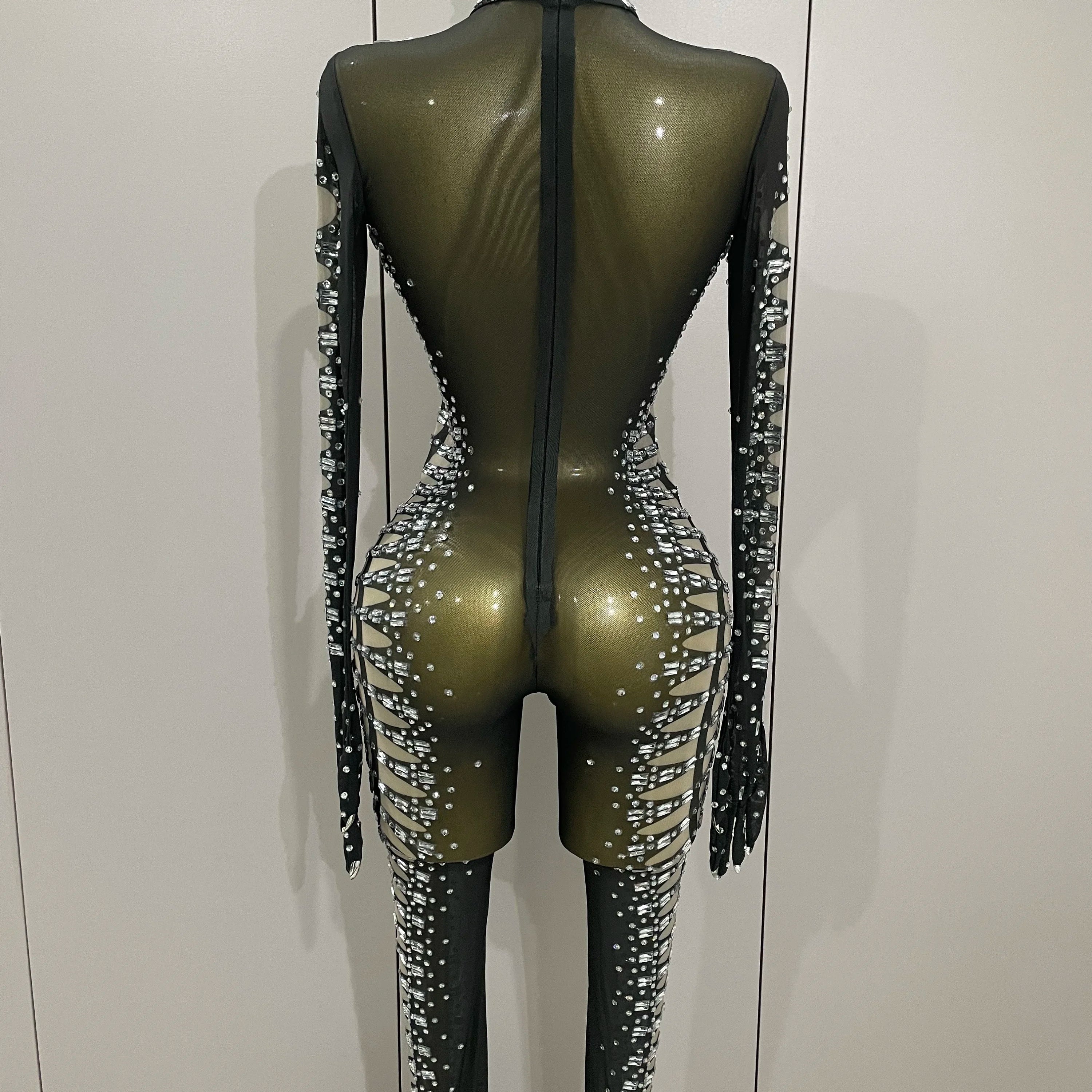 Sexy Sparkly Crystals Black Mesh Jumpsuit With Gloves 2025 Women Celebrate Birthday Party NightClub Singer Dance Stage Costumes