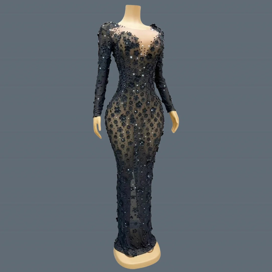 Shine Rhinestone Black Evening Dress Sheer Mesh Tight Fitting Flower Long Dress Elegant Mysterious Party Sexy Women Dress Cunjie