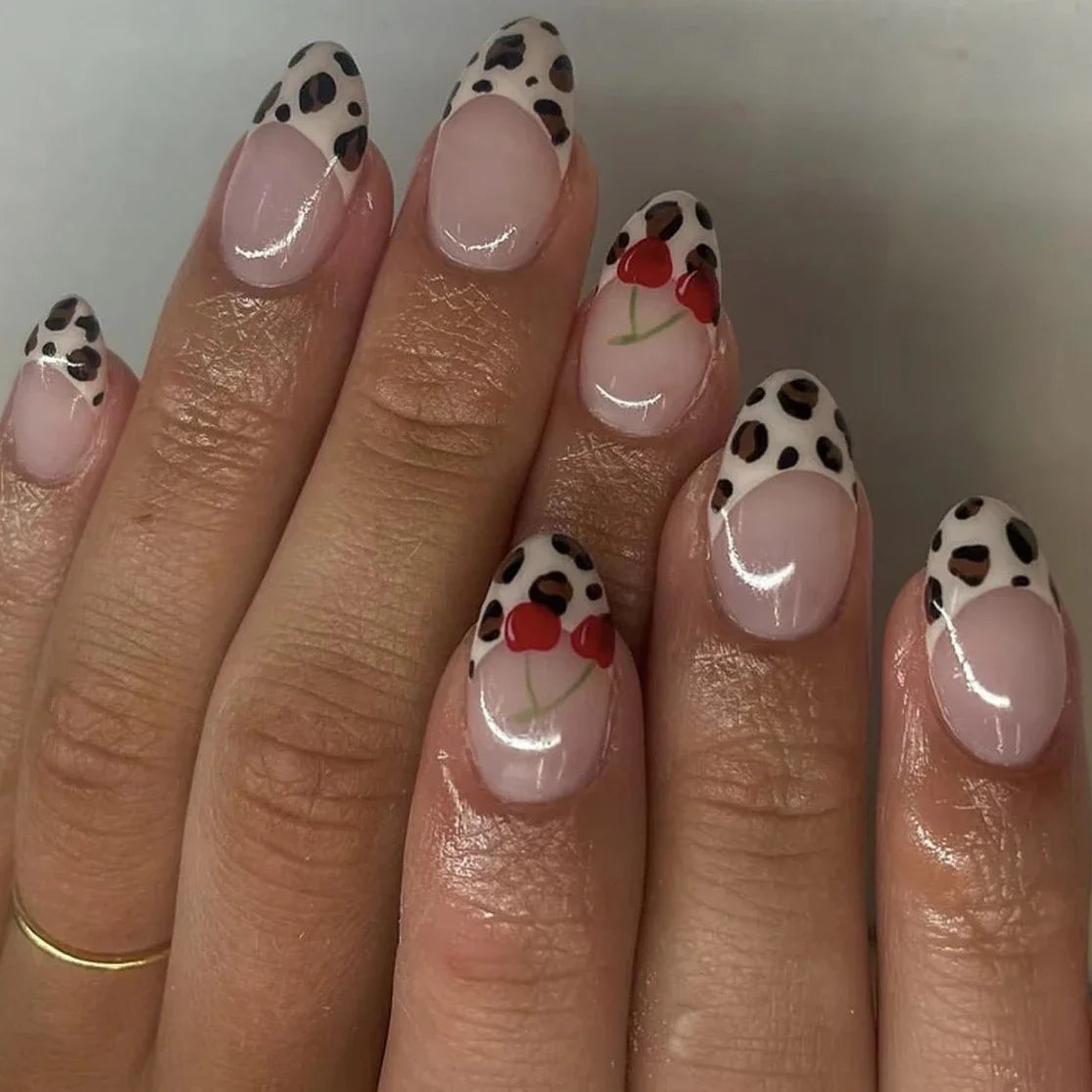 Cherry Leopard Print Almond Fake Nails Art Ballet Pointed False Nails Charms Flower Star Love Heart Press on Nails Manicure Tool MT2670JP3642