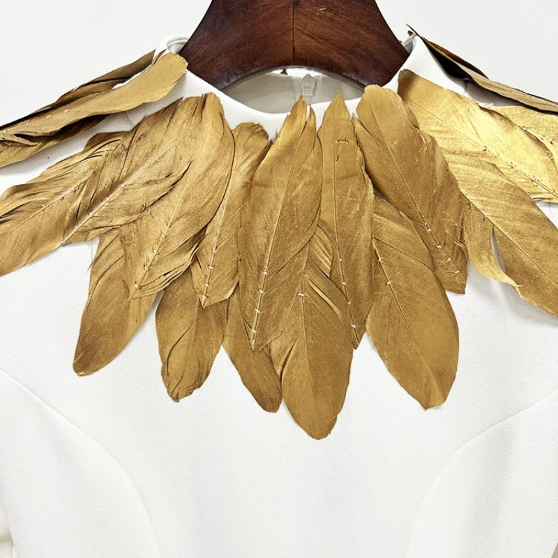 Hit Color Slimming Spliced Glod Feathers Dresses for Women High Neck Long Sleeves Temperament Dress Female Fashion
