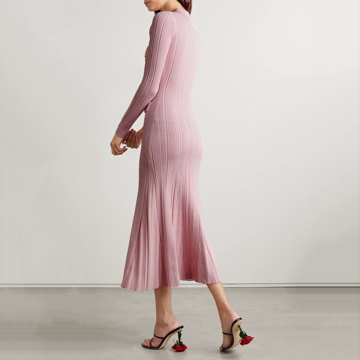 Robe tricotée rose mi-longue pour femmes, tenue longue, style senior, sens de la mode, col polo, taille cintrée, nouvelle collection 2023 