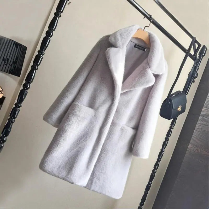 Women Mink Faux Fur Coat Solid Female Turn Down Collar Winter Warm Fake Fur Lady Coat Casual Jacket
