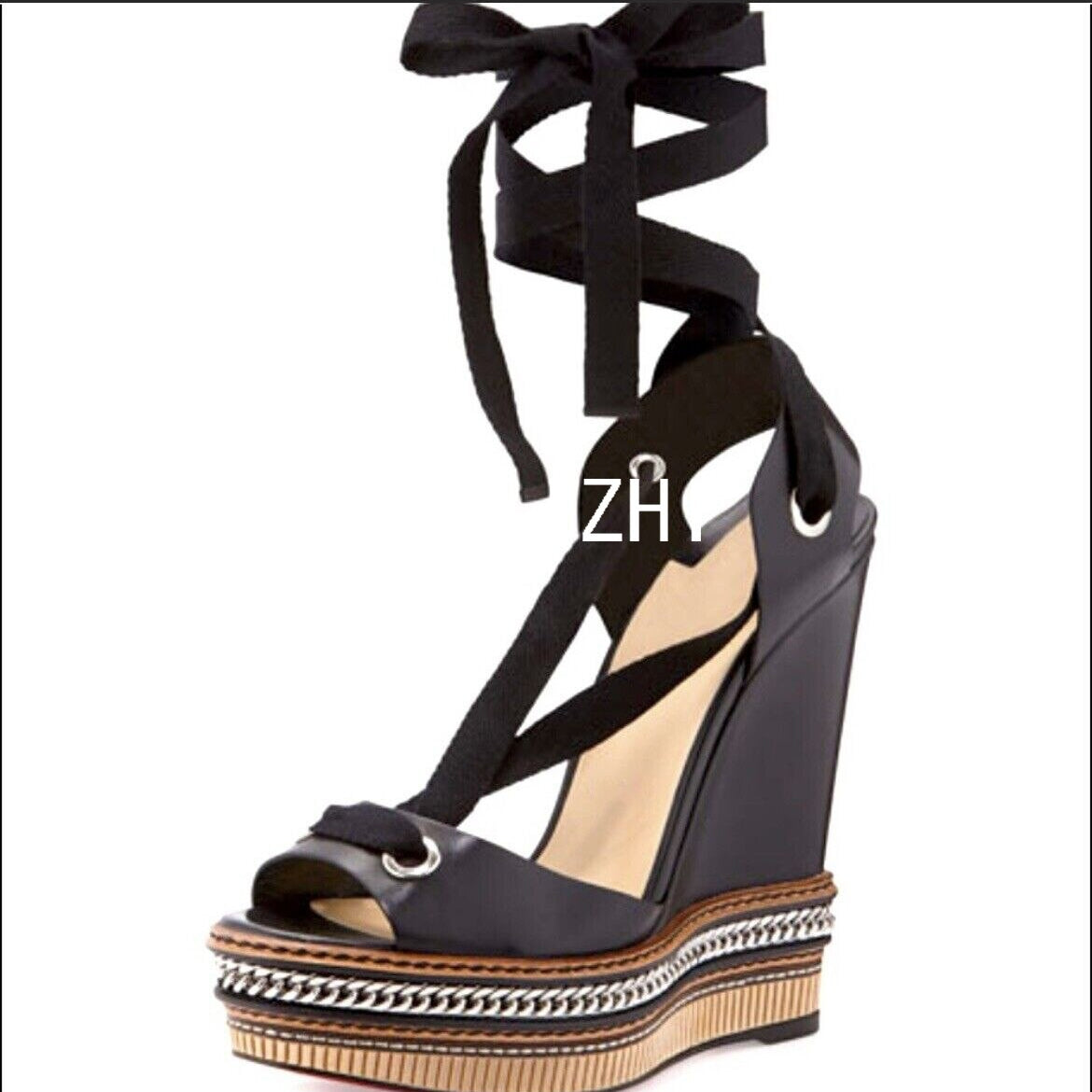 Wedge Metal Chain Strap Sexy Sandals Woman Peep Brown Leather Zipper Platform Heels Cover Open Suede Velvet Noble Shoes Summer 7.5cm 2