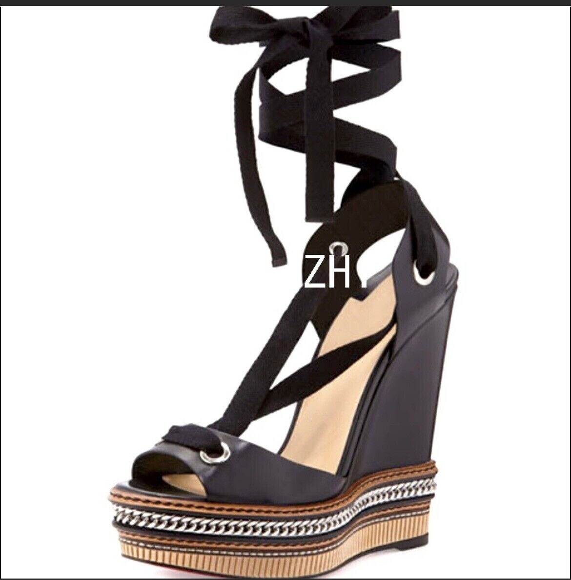 Wedge Metal Chain Strap Sexy Sandals Woman Peep Brown Leather Zipper Platform Heels Cover Open Suede Velvet Noble Shoes Summer 7.5cm 2