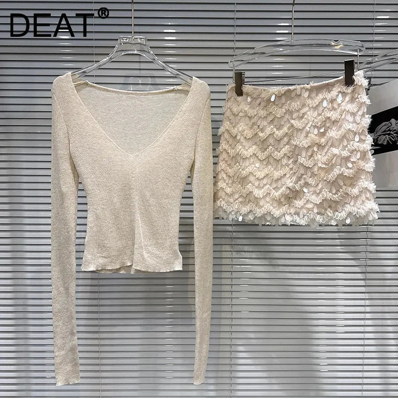 Winter New Fashion V-Neck Slim Fit Knitted Sweater For Women Sequin Tassel A-line Short Skirts Female 11A07731