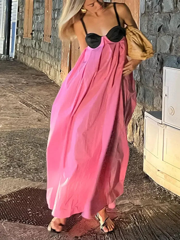 Women Fashion Color Matching Halter Maxi Dress Ladies Sexy Backless Off Shoulder Sleeveless Dresses Female party Holiday Robes pink