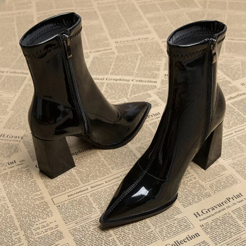 Hot Sale Shoes Female Zipper Winter Women's Boots Pointed Toe Solid Plus Velvet Warm Short Barrel High Heels British Boots black velvet