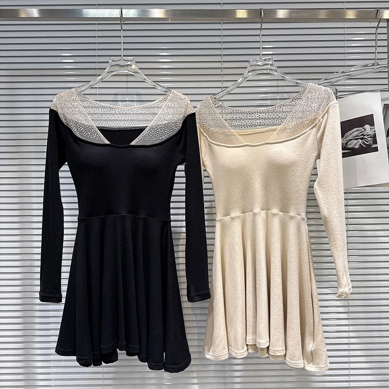 Winter New Elegant Fashion Rhinestone Mesh Collar With Belt Chest Pad Knitted Dress For Women Slim Dresses 11A07734