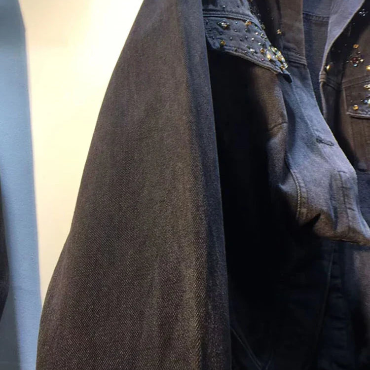 DEAT Women's Denim Coat Wash Black Beading Flowers Diamonds Patchwork Loose Long Sleeve Jackets Summer New Fashion 29L3587