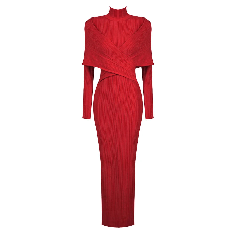 Red Jacquard Bandage Long Dress Turtle Neck Cross Design knitted Slim Fit Shawl Style Long Sleeves Pleated Evening Gown Red