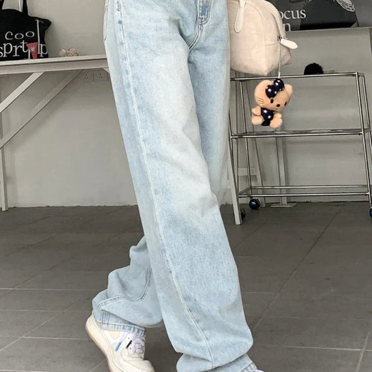 QWEEK Vintage 90s Jeans Women Y2k High Waist Light Blue Straight Pants Casual Streetwear Distressed Loose Floor Length Trousers