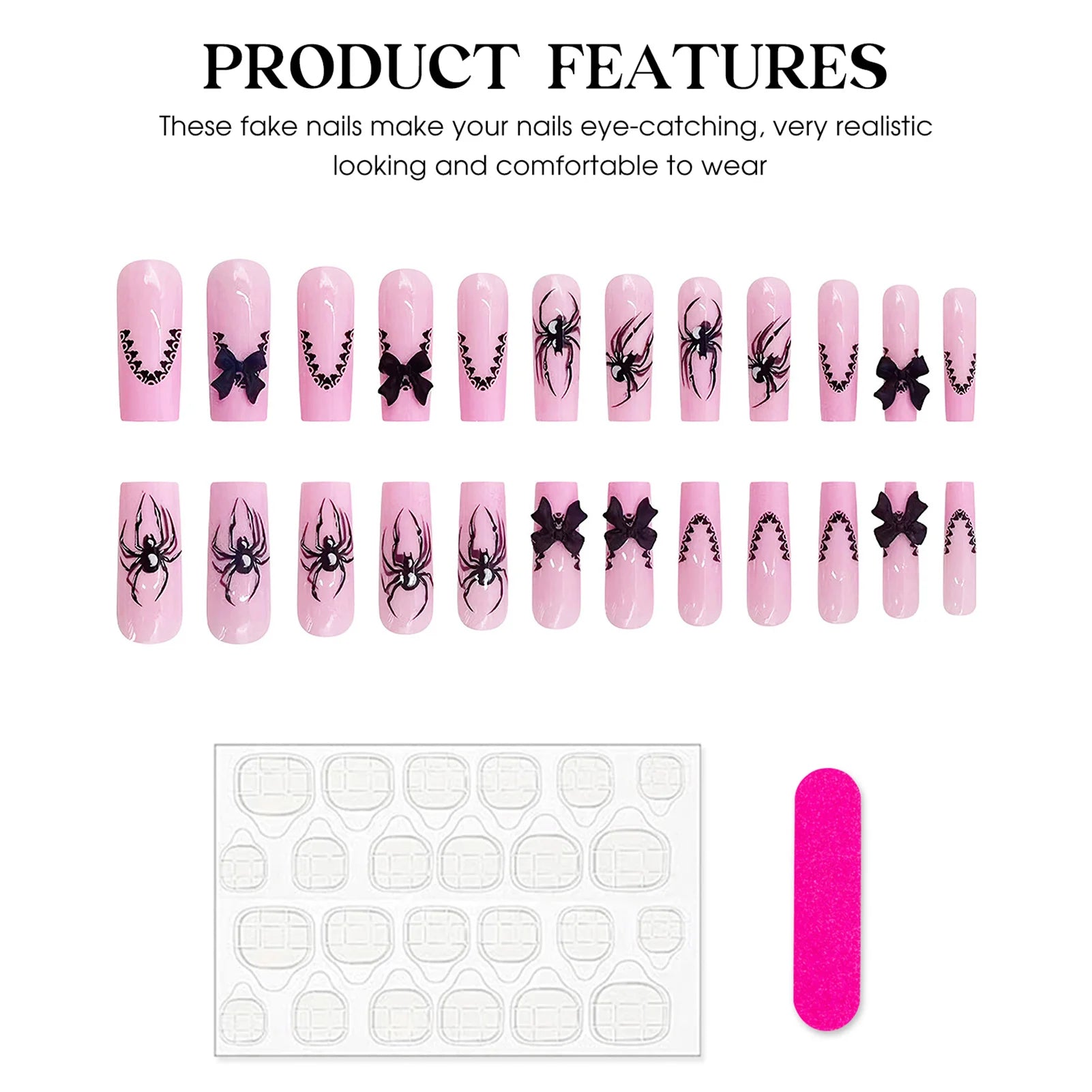 24pcs Halloween Gothic Fake Nail with Black Spider Bow Design False Nails European Long Coffin French Press on Nails Wearable