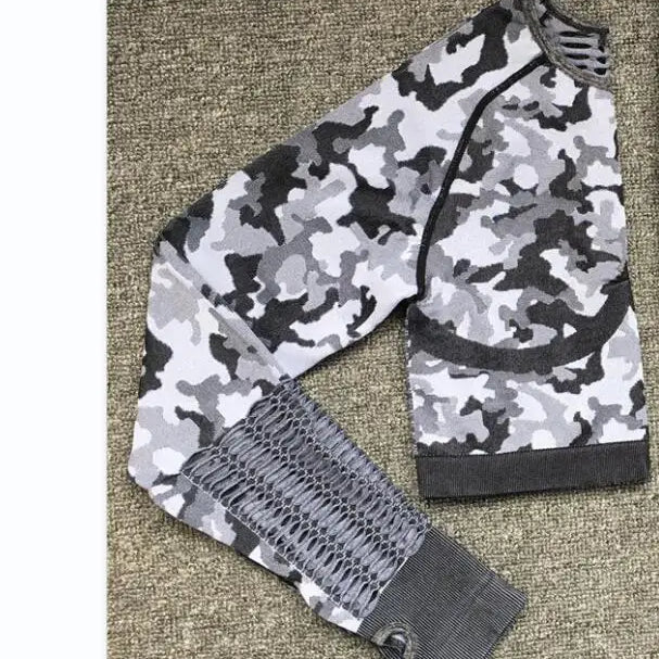 1PCS Camouflage Set Women Yoga Suit Sport Set Gym Workout Clothes Long Sleeve Fitness Crop Top High Waist Seamless Camo Leggings grey lvtop