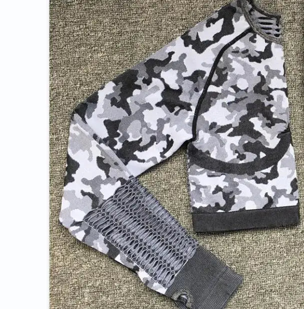 1PCS Camouflage Set Women Yoga Suit Sport Set Gym Workout Clothes Long Sleeve Fitness Crop Top High Waist Seamless Camo Leggings grey lvtop