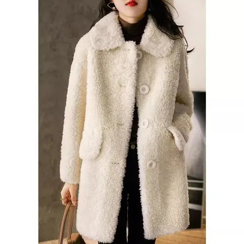 Lamb Fur Coat Women's Winter Jacket 2023 100% Granular Wool Warm Sheep Shearling Real Fur Coats for Women Clothing Fashion FCY Vanilla White