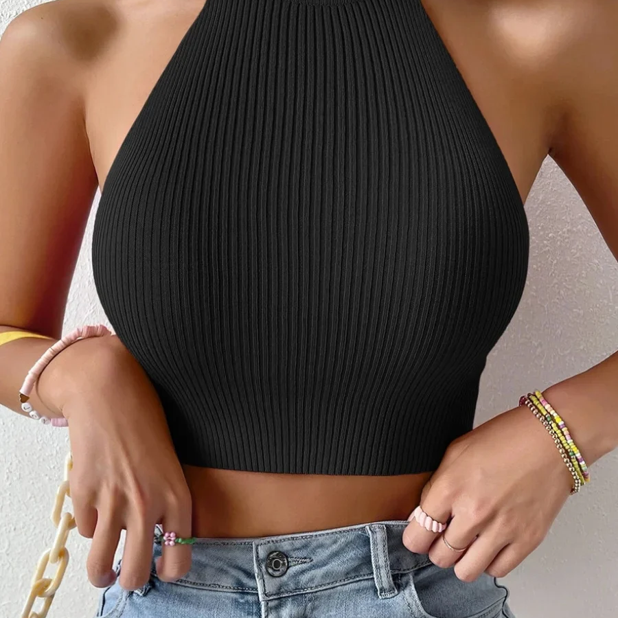 Summer Dopamine Women Basics Casual Knit Sleeveless Corset Halter Crossfit Crop Top Y2k Clothes Femme Stretch Sweater Tank black One Size
