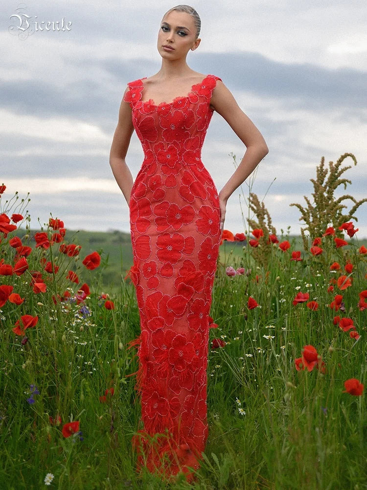 Romantic Sleeveless Red Floral Mermaid Dress for Garden Weddings Party Evening Gown