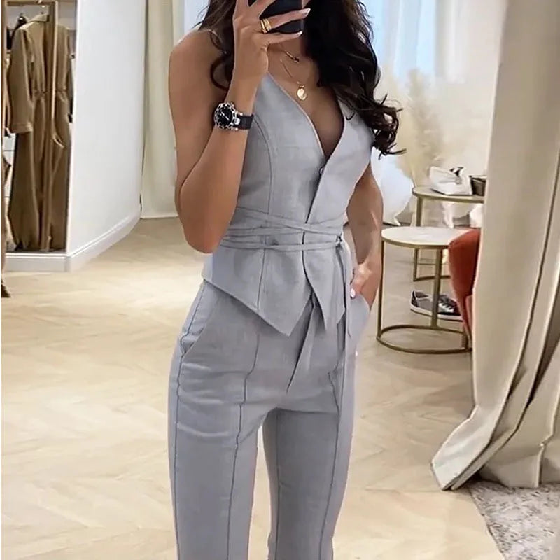 Women Fashion Commute Clothes Sleeveless Outfit 2023 Summer New Suit Temperament Slim Waist Sexy Vest Pencil Pants Two-Piece Set