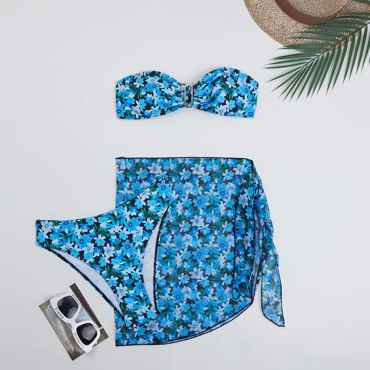 Swimsuit Women's Split Three-Piece Printed Metal U-Shaped Bikini Bikini Swimsuit Blue