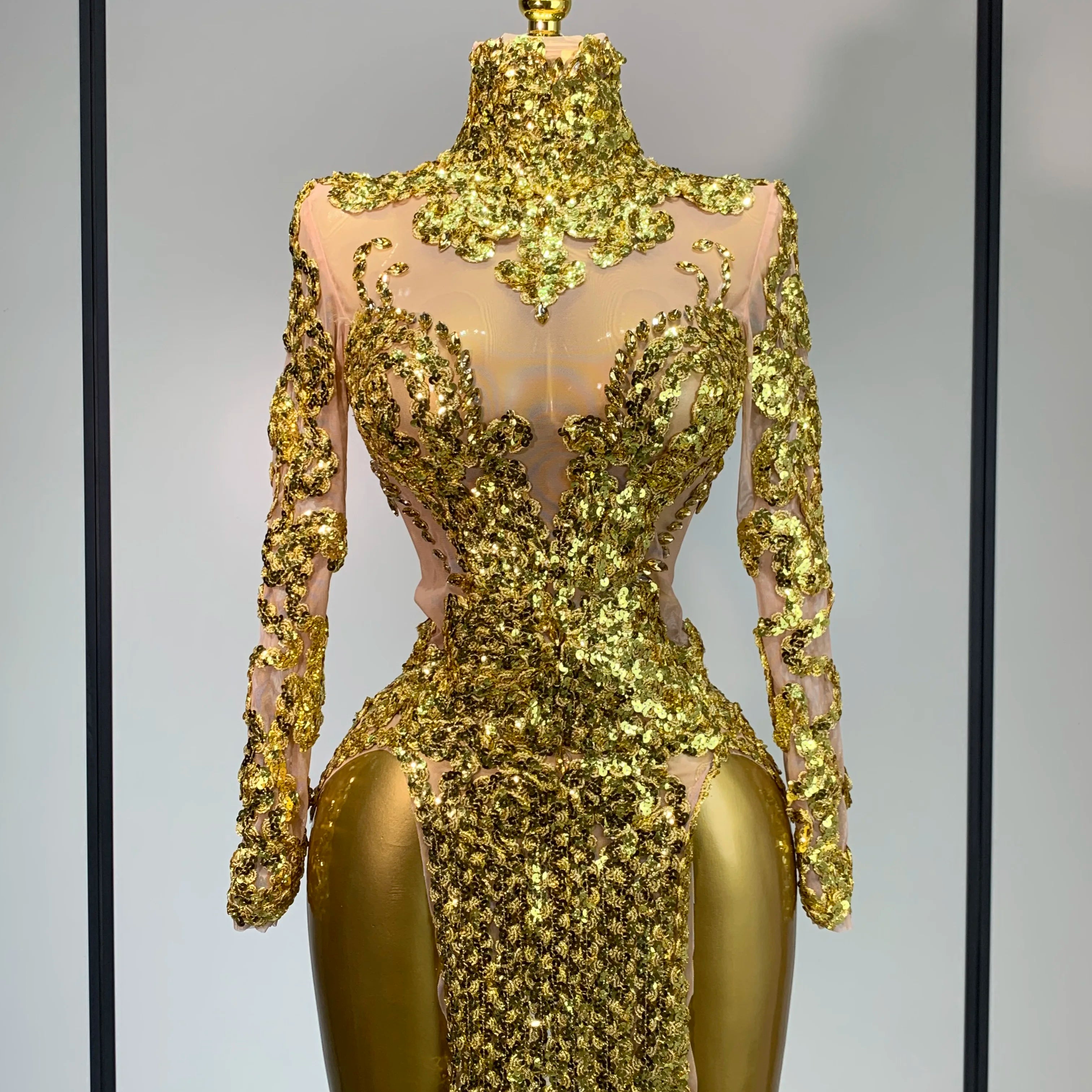 Women Long Sleeve Sexy Shinning Sequins Bodycon Mini Dress Mesh See Through Celebrate Birthday Evening Party Club Stage Outfit Gold