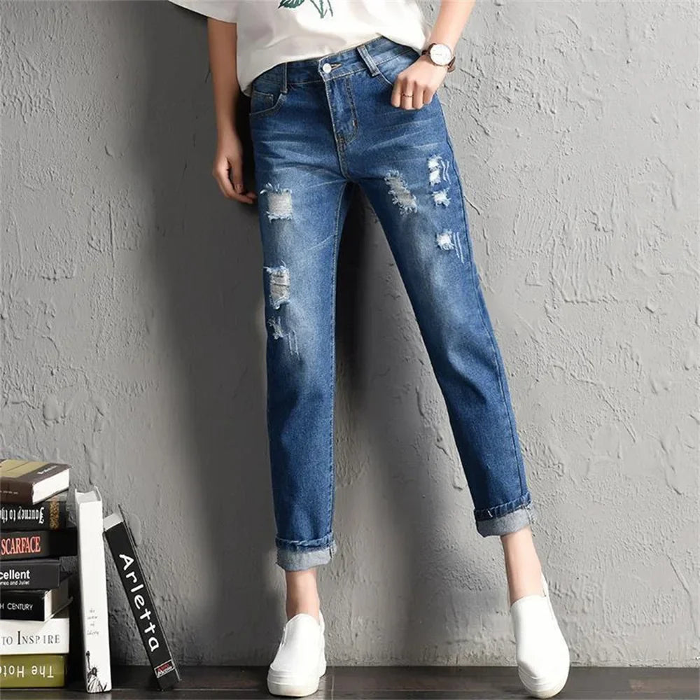 Casual High Street Denim Pants Women Fashion Mid Waist Big Ripped Hole Jeans Sexy Vintage Pencil Calca High Waisted Jeans