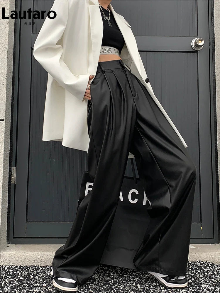 Spring Autumn Loose Casual Flowy Soft Black Brown Pu Leather Wide Leg Pants for Women High Waist Emo Korean Fashion 2023