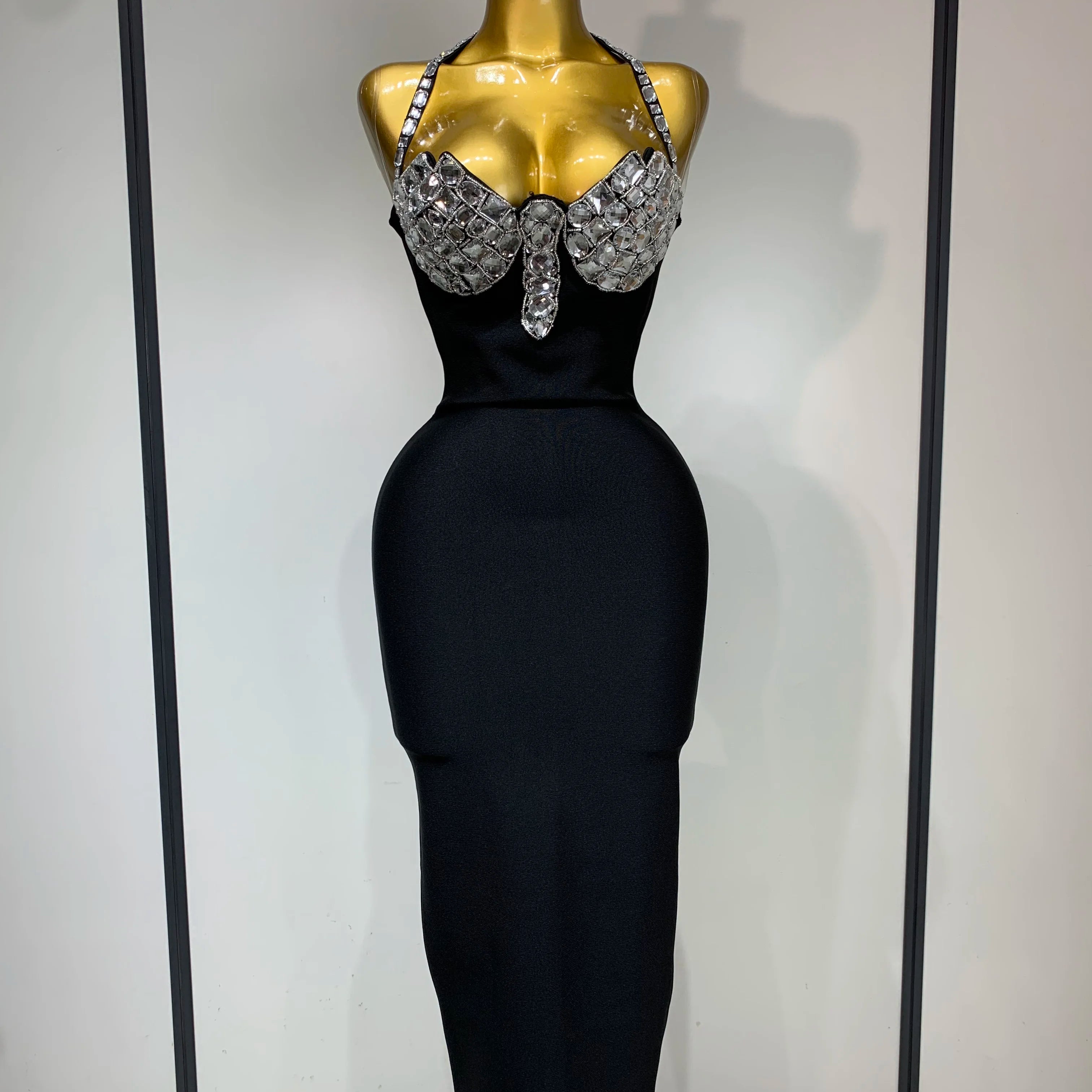 Women Sexy Halter Backless Diamonds Black Sleeveless Bodycon Bandage Dress Evening Club Party Gowns Luxury Birthday Dress black