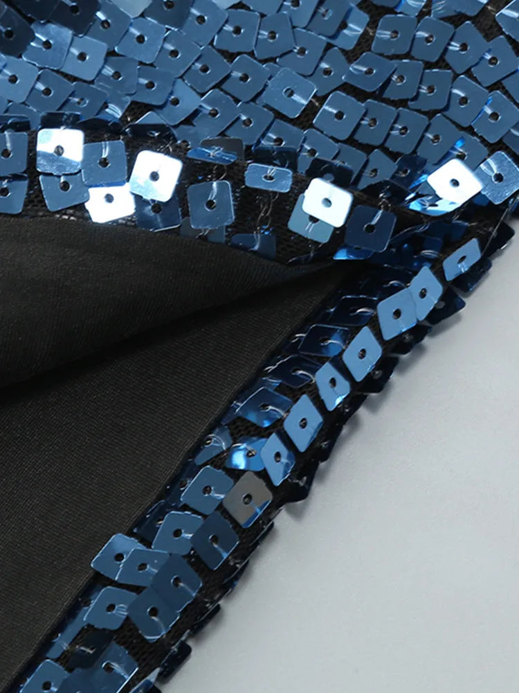 Sexy Backless Halter Mesh Sequins Navy Blue Midi Women Celebrity Dress 2024 Elegant Party Evening Club Vestido