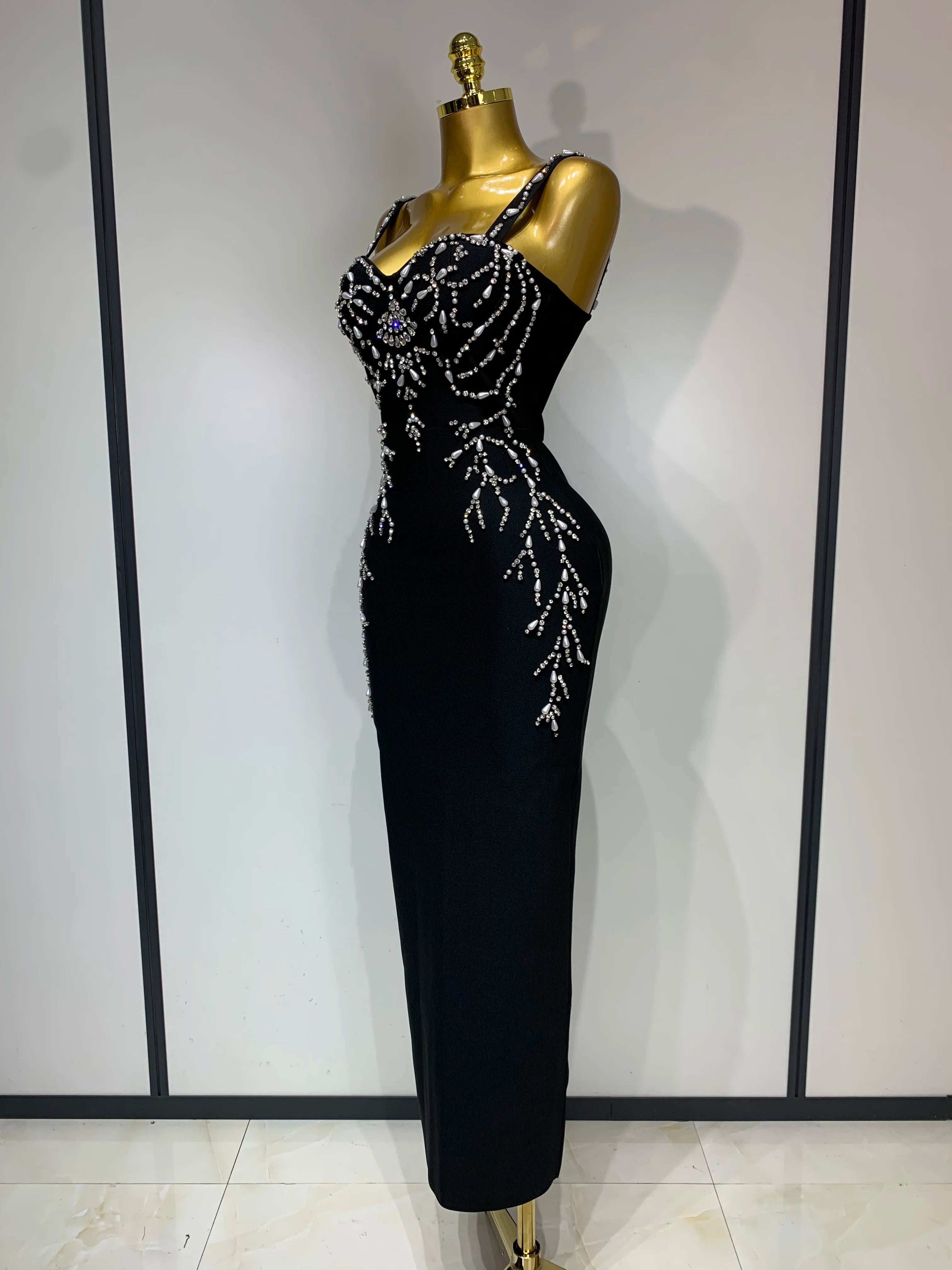 Women Sexy V Neck Black Beading Maxi Long Bodycon Bandage Dress 2025 Celebrity Elegant Evening Club Party Luxury Birthday Dress