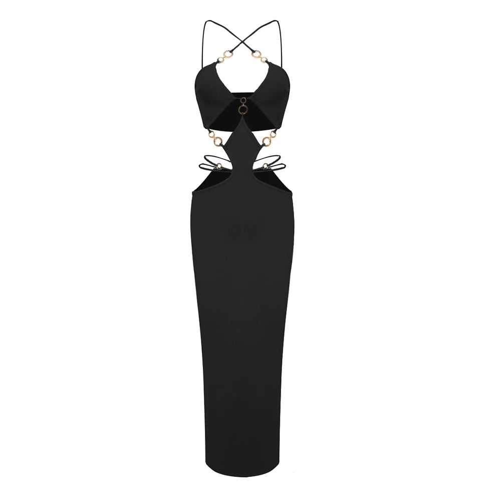 Sexy Hollow Out Halter Long Bandage Dress Fashion‘s Sexy Woman Package Hips Bodycon Dress Summer Vocation Vestido black