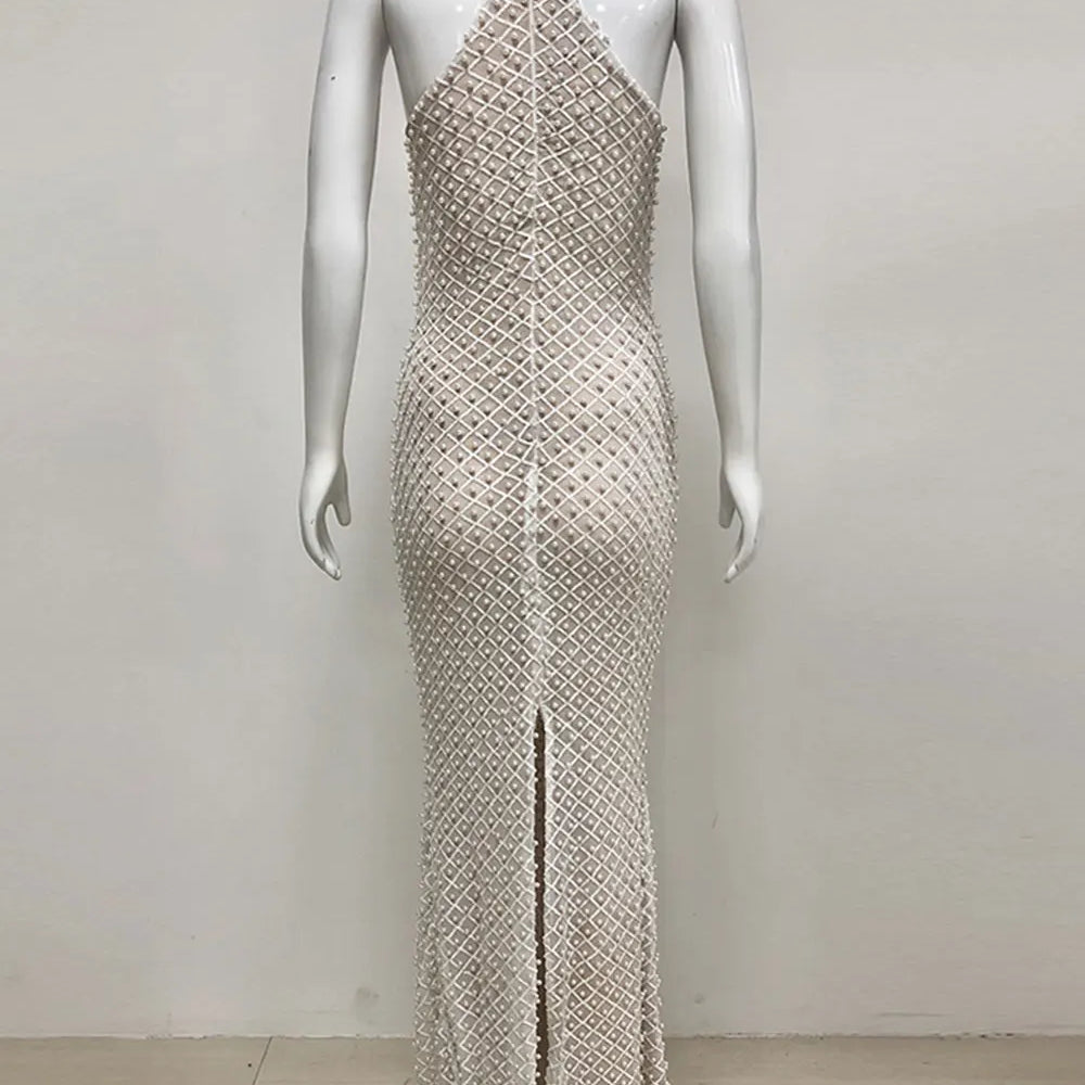 2025 Spring Sexy Women's Light Luxury Nail Bead Design Maxi Dress O-Neck Sleeveless Bodycon Tail Long Dress Club Party Vestidos