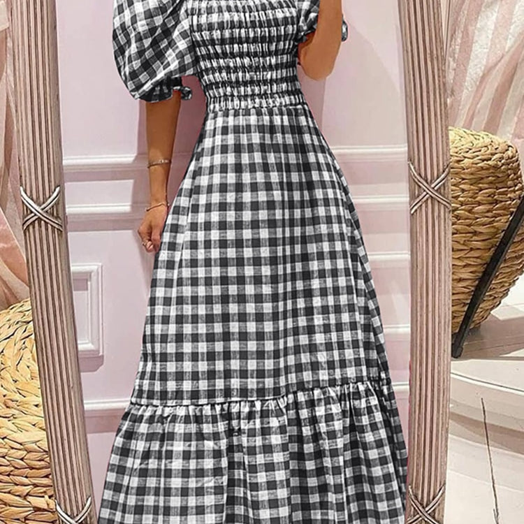 VONDA Summer Long Maxi Dress Women 2024 Casual Short Sleeve Square Collar Vintage Plaid Party Bohemian Vestidos Loose Sundress A-Black