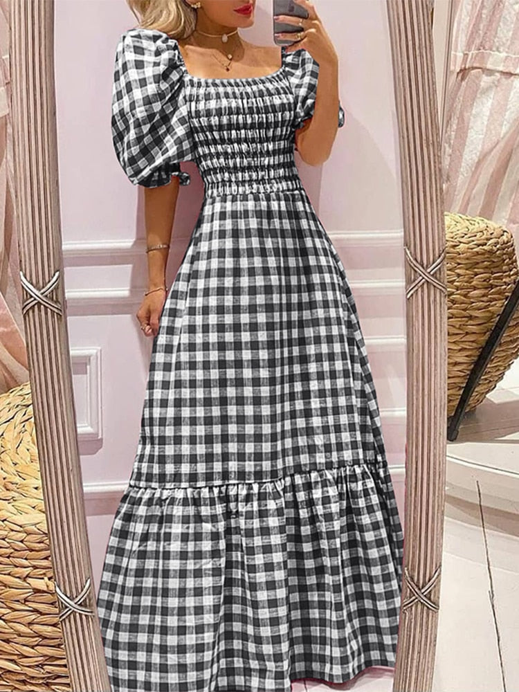 VONDA Summer Long Maxi Dress Women 2024 Casual Short Sleeve Square Collar Vintage Plaid Party Bohemian Vestidos Loose Sundress A-Black