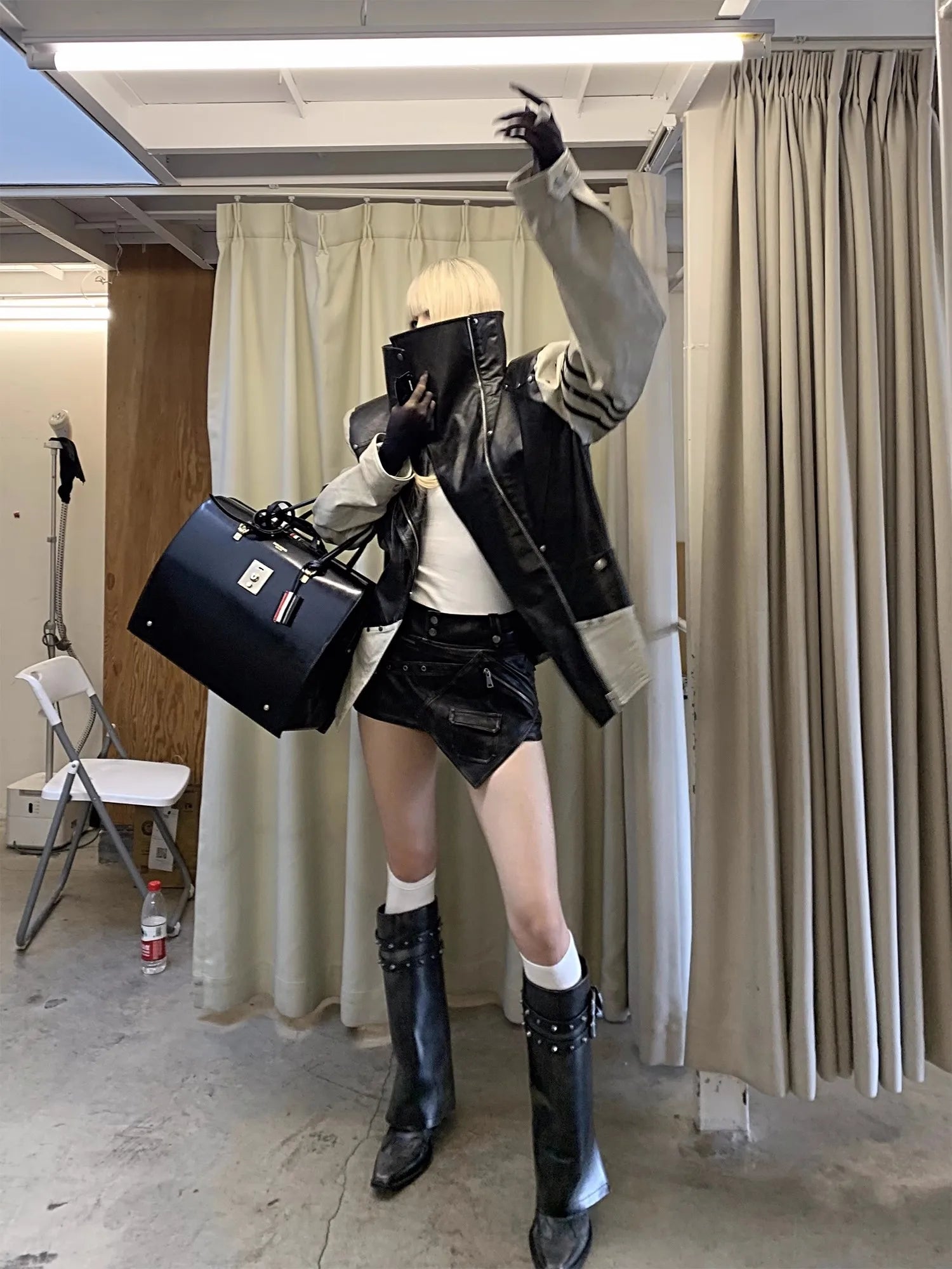 Lautaro Spring Summer Cool Sexy Distressed Black Pu Leather Mini Asymmetrical Skirt Women High Waist Luxury Designer Emo Clothes