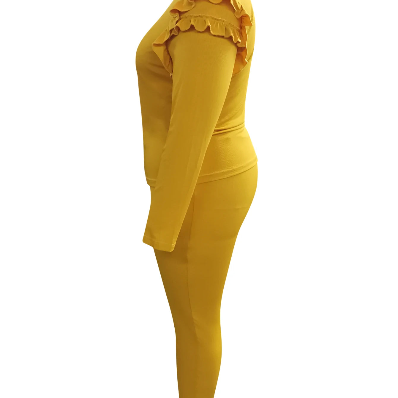 4XL 5XL LW Plus Size Trendy V Neck Striped Yellow Two-piece Pants Set Spring Women Basic Plain Ruffles Female Matching Suit