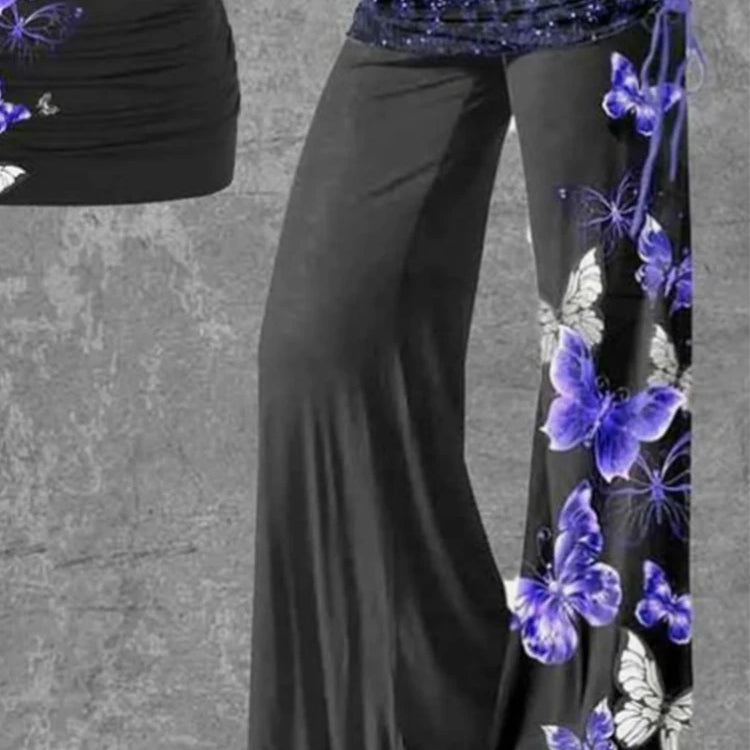 Women Plus Size Matching Set Hollow Out Butterfly Printed Backless Sexy Gothic Punk High Waist Flare Pant and Slim Tank Top Set