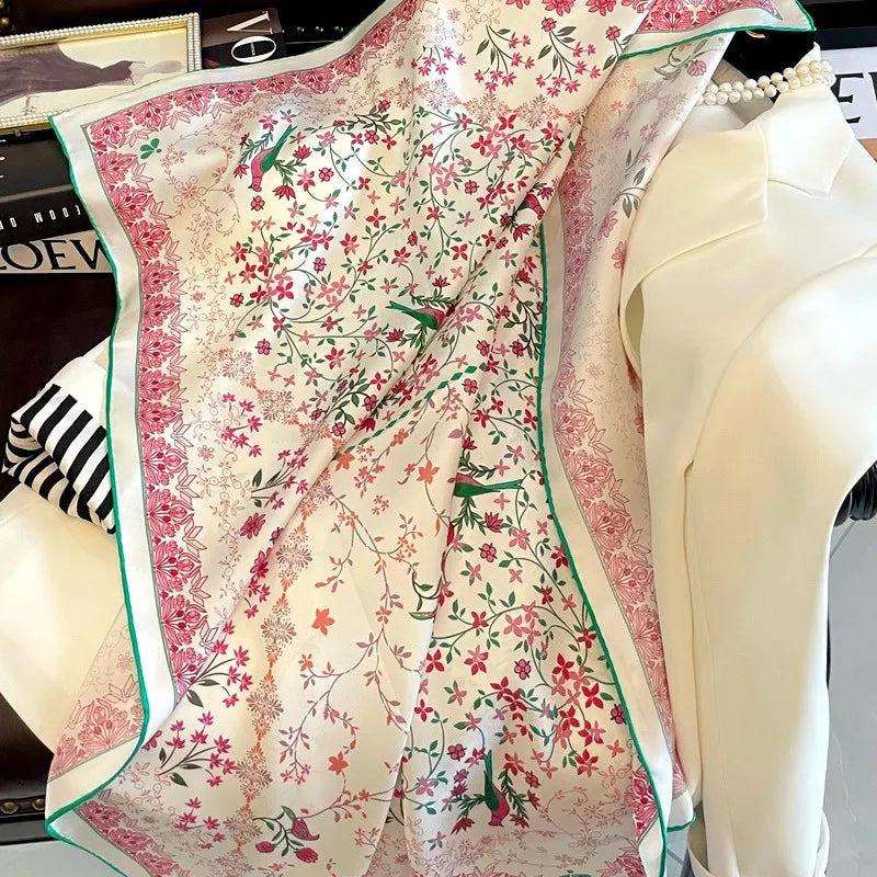 Floral Print 100% Silk Head Scarf Hijab for Hair Wrapping Womens Square 90 Silk Shawl Cape