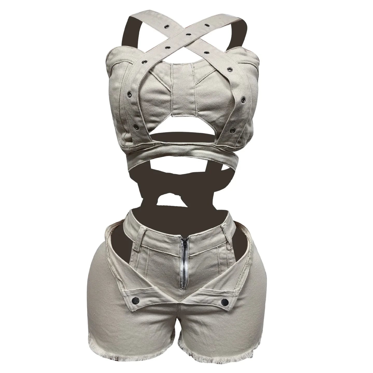 CM.YAYA Fashion Denim Cutout Women's Set Wrap Strap Crop Top and Shorts Jeans 2025 Summer Two 2 Piece Sets Outfits Tracksuit