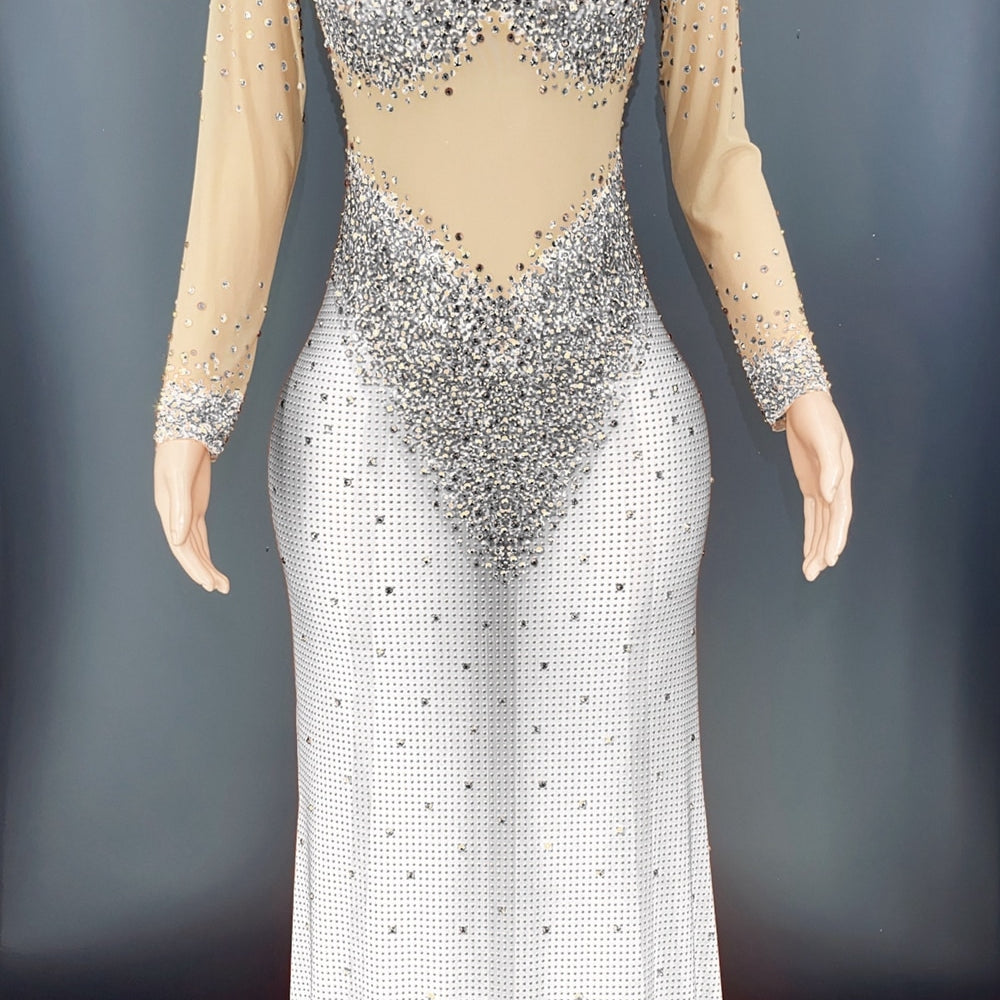 Sparkly Rhinestones Long Sleeves Mesh Transparent Dress Birthday Celebrate Gown Outfit Women Sexy Evening Prom Party Dress White