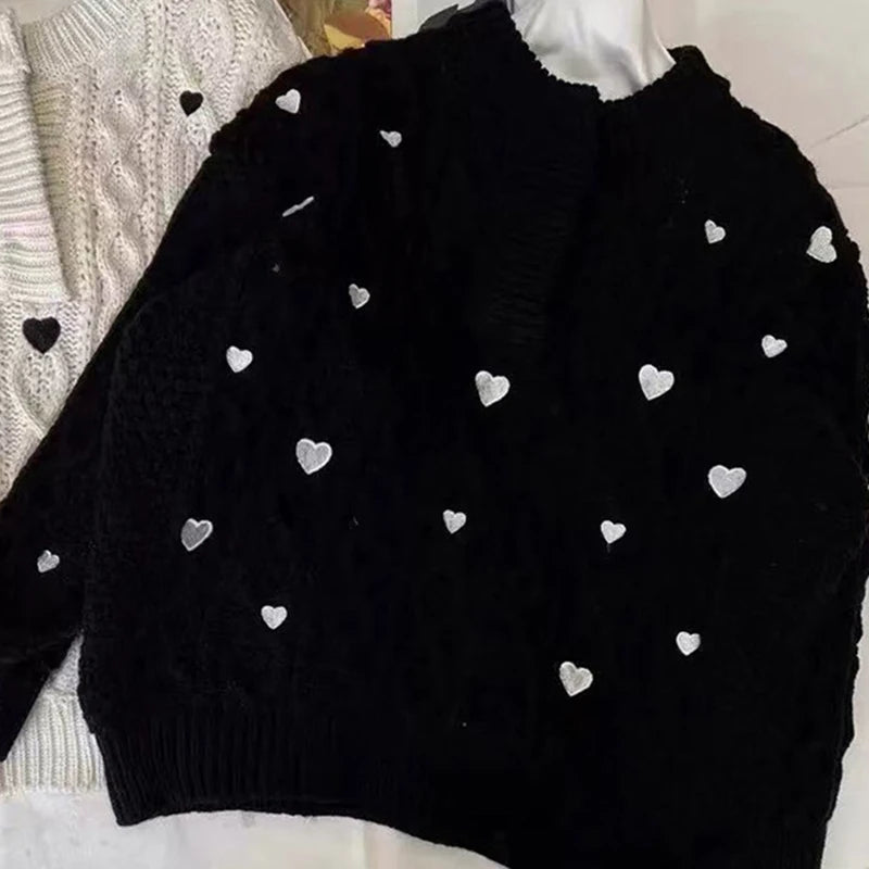Autumn Winter New Fashion Heart Twist Sweater For Women Long Sleeve Loose Versatile Design Knitted Top Female 11A07872 Black One Size