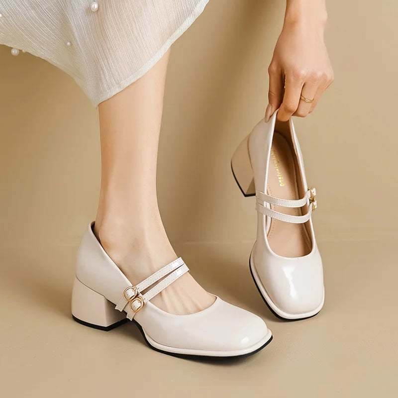 2023 spring women's shoes ladies high heels Casual Mary Janes white square toe design career and commuting Korean style 41-43