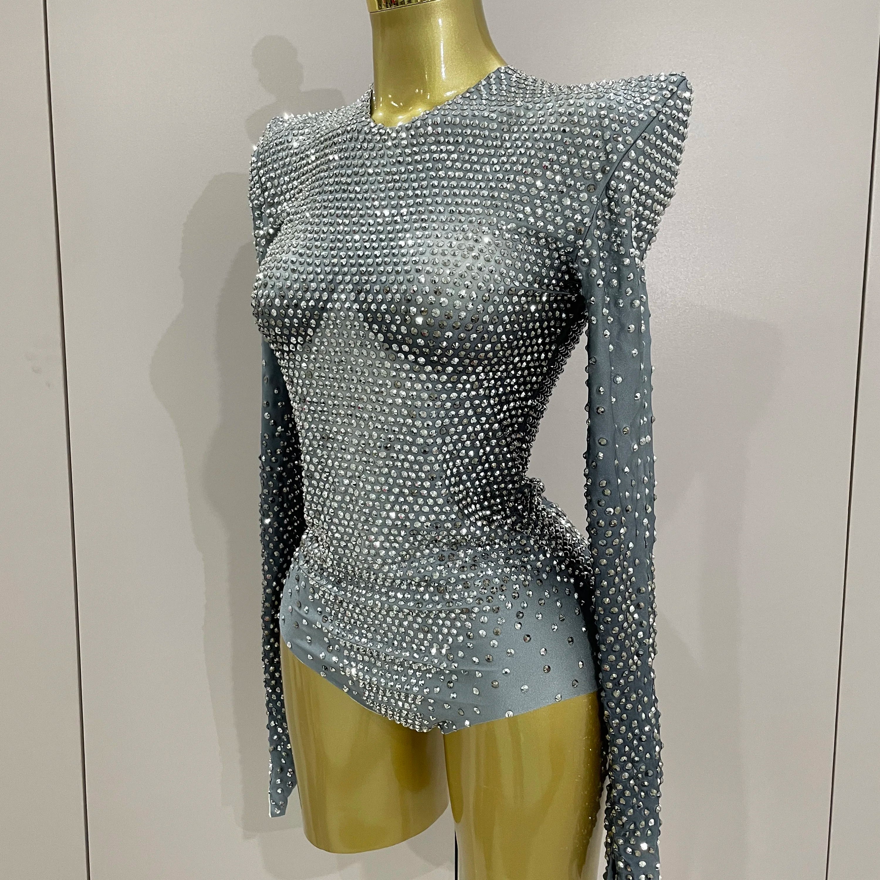 Sparkle Silver Rhinestones Long Sleeve Stretch Bodysuits 2025 New Women Evening Luxury Birthday Party Sexy Nightclub Stage Costu