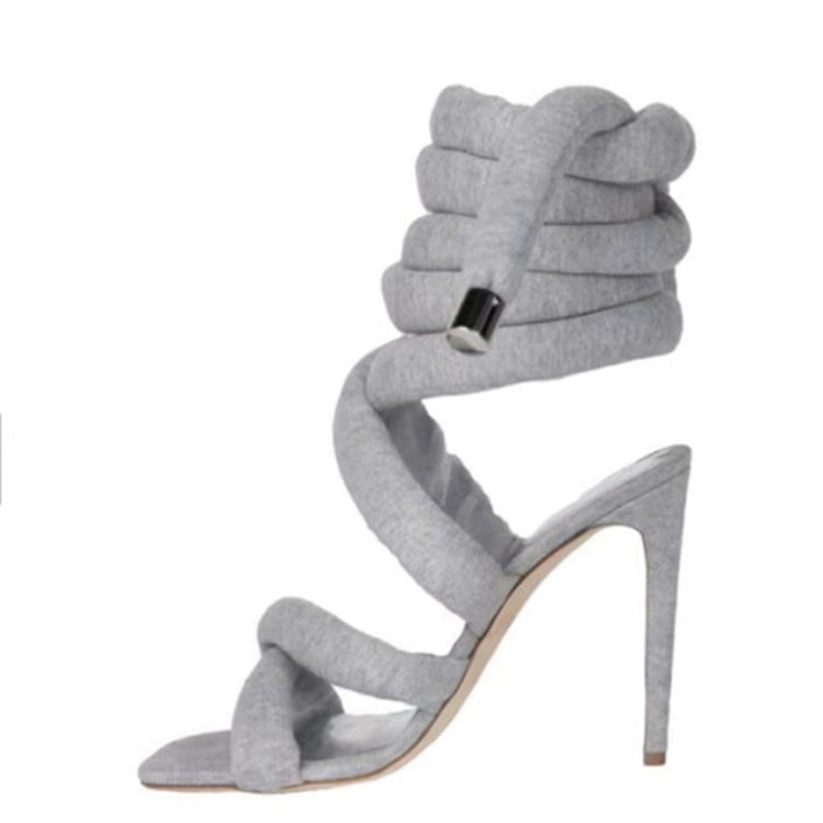 Summer New Square Head Slim High Heel Sandals Wrapped Around The Feet Fashion Show Dress 43 Large Women's Sandals Dark Grey