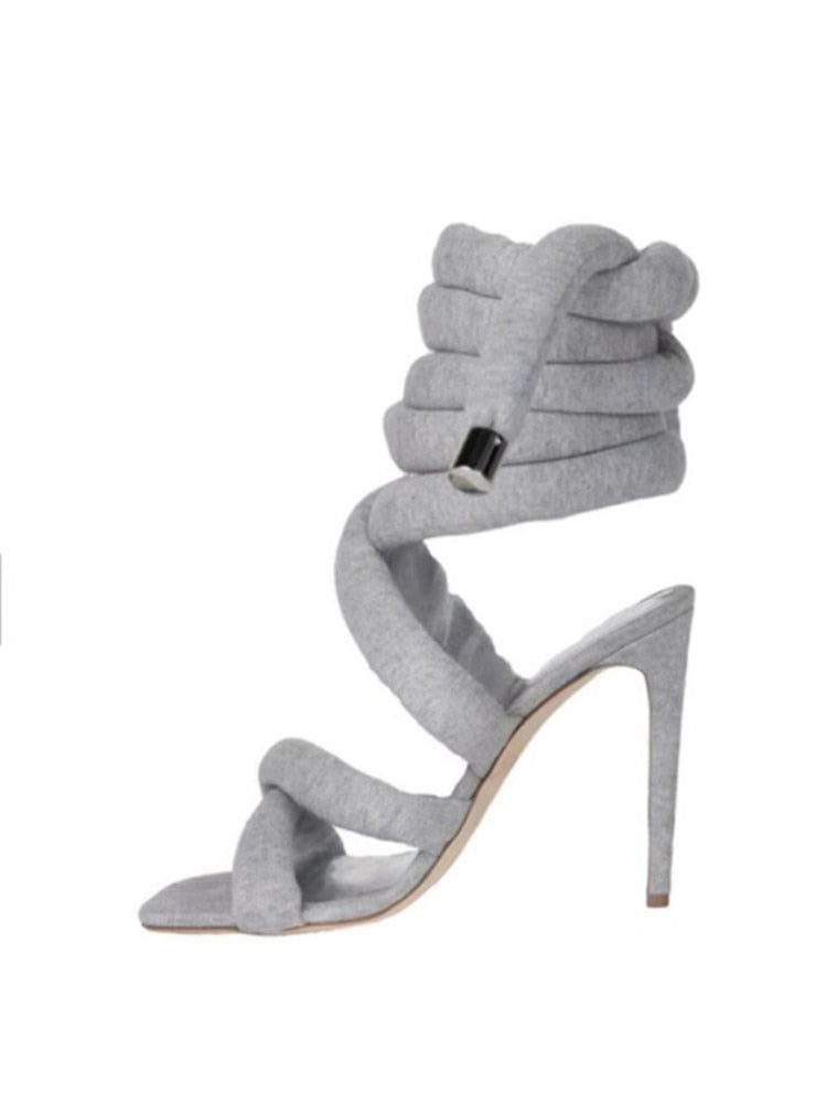 Summer New Square Head Slim High Heel Sandals Wrapped Around The Feet Fashion Show Dress 43 Large Women's Sandals Dark Grey