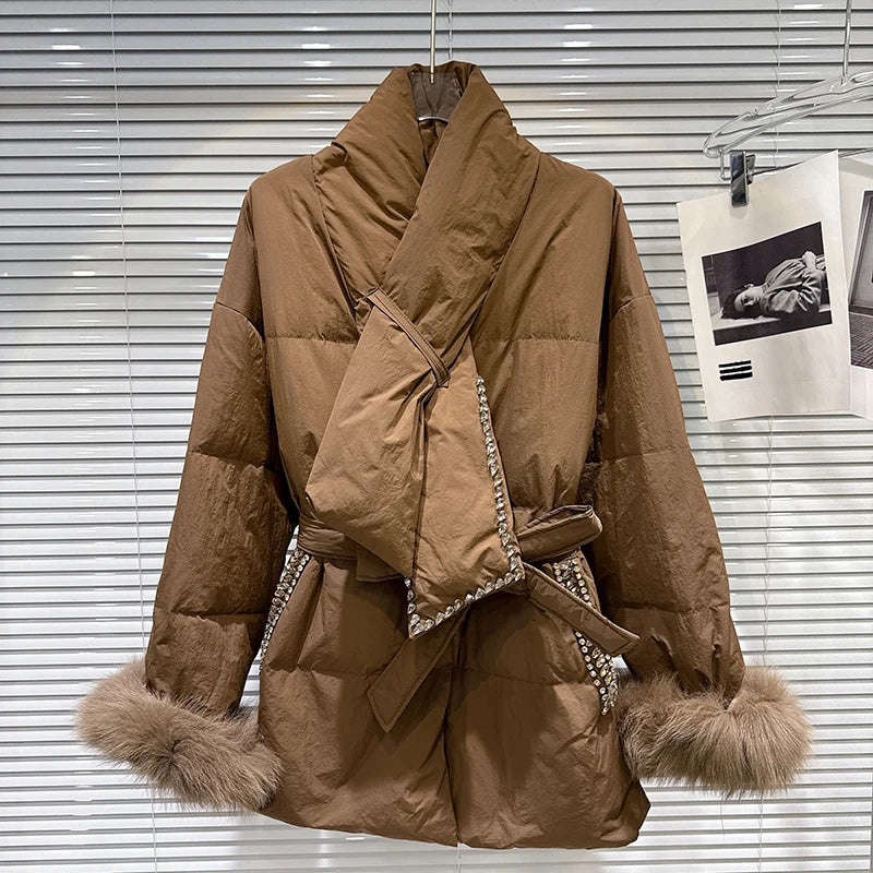 Winter New Fashionable Rhinestone Edge Furry Cuff Scarf Collar Warm Jacket For Women Loose Lace-up Waist Coat 11A07672 Brown One Size