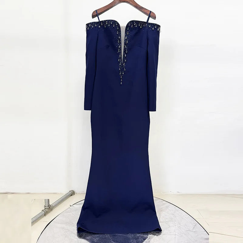Solid Slimming Spliced Bead Luxurious Elegant Dresses for Women Slash Neck Long Sleeves Temperament Dress Female DARKBLUE