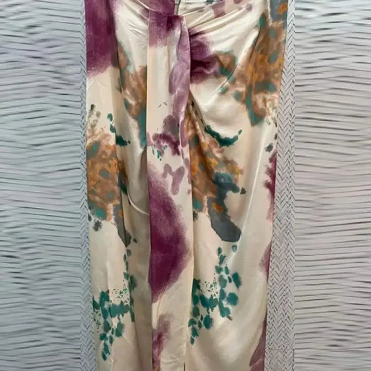 Women Skirt Fashion Stain Print Skirt Set Chic Cross V Neck Long Sleeves Shirt Slit Midi Skirts Suit Lady Fashion Outfits Skirt