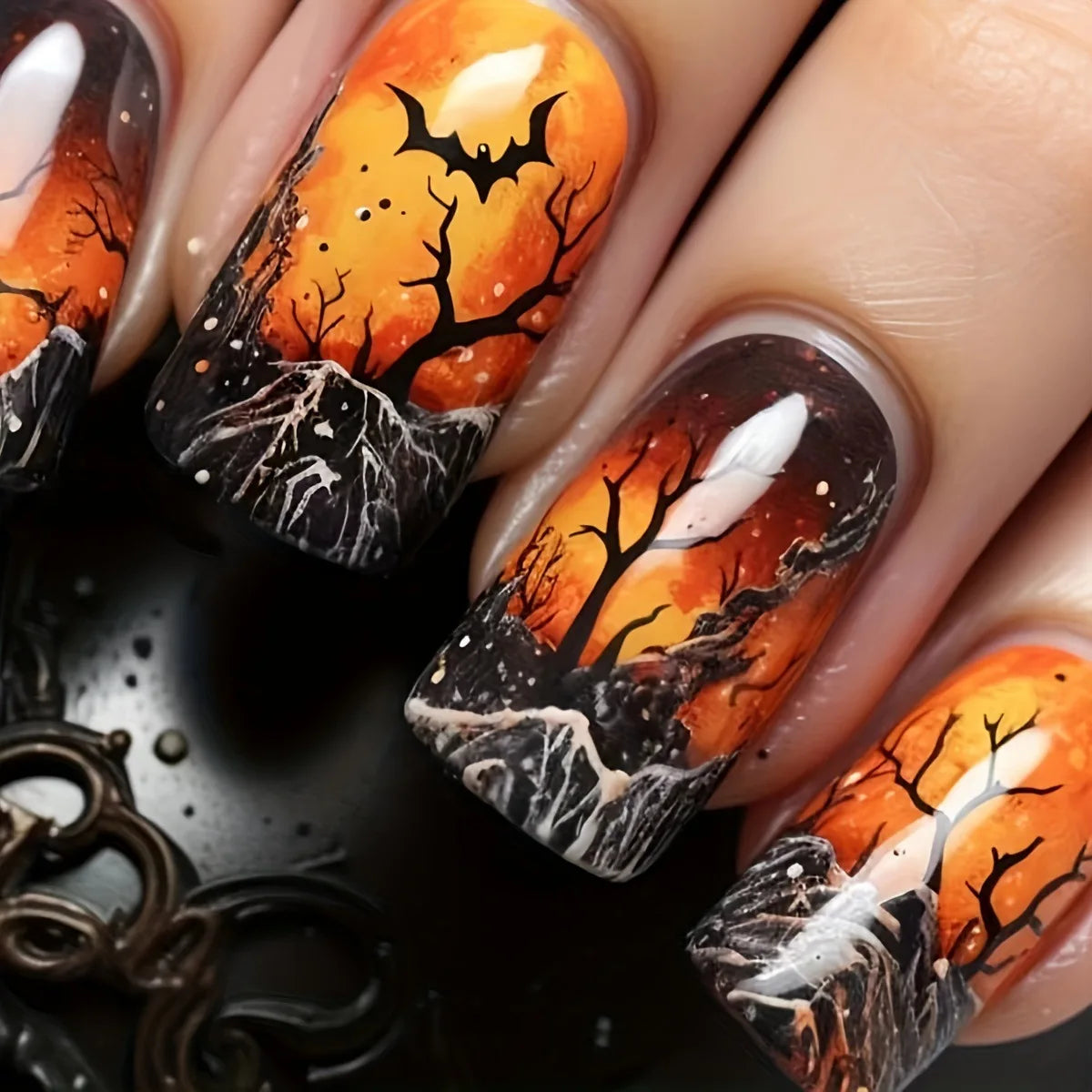 24pcs/set Short Medium fake nails for Halloween party Dead trees and crows bat Night sky Square almond tips press on false nail 2889