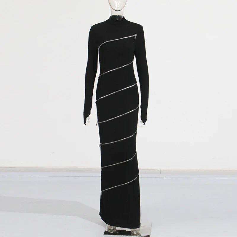 Solid Slimming Spliced Zipper Dress for Women Stand Collar Long Sleeve High Waist Dresses Female Temperament Style BLACK