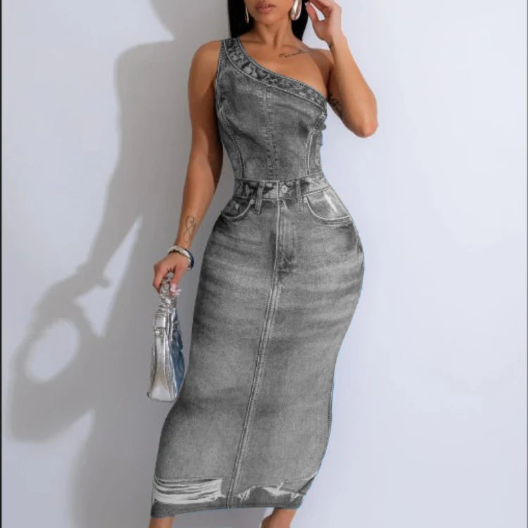 Women Fake Jean 3D Printed One Shoulder Sleeveless Bodycon Midi Maxi Dress 2024 Club Sexy Party Long Dresses Vestido Gray